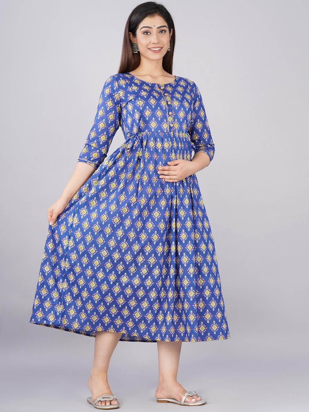 Kashvi Stunning Floral Printed Round Neck Cotton Fit & Flare Maternity Midi Dress