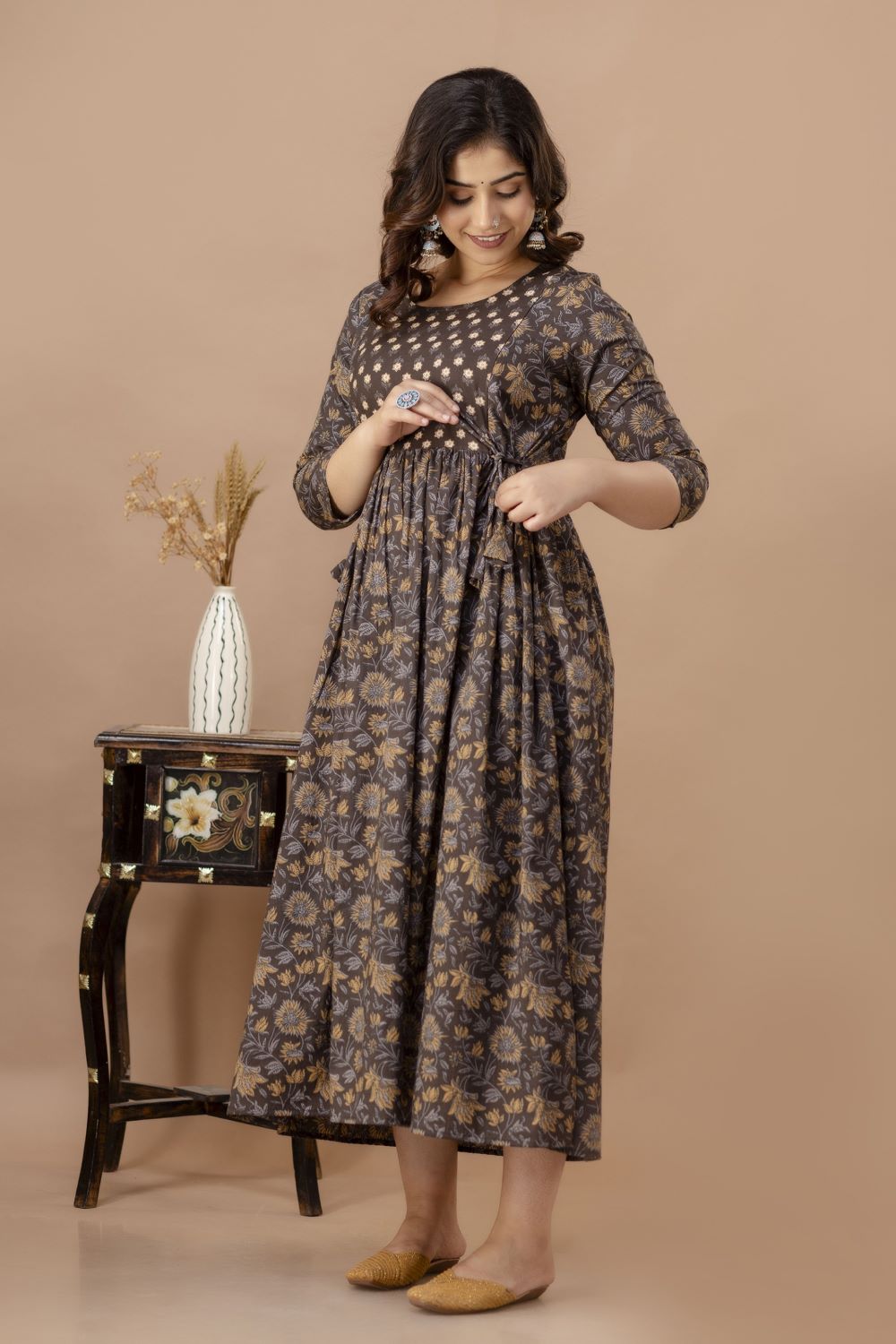 Dipta Stunning Floral Printed Round Neck Cotton Fit & Flare Maternity Midi Dress