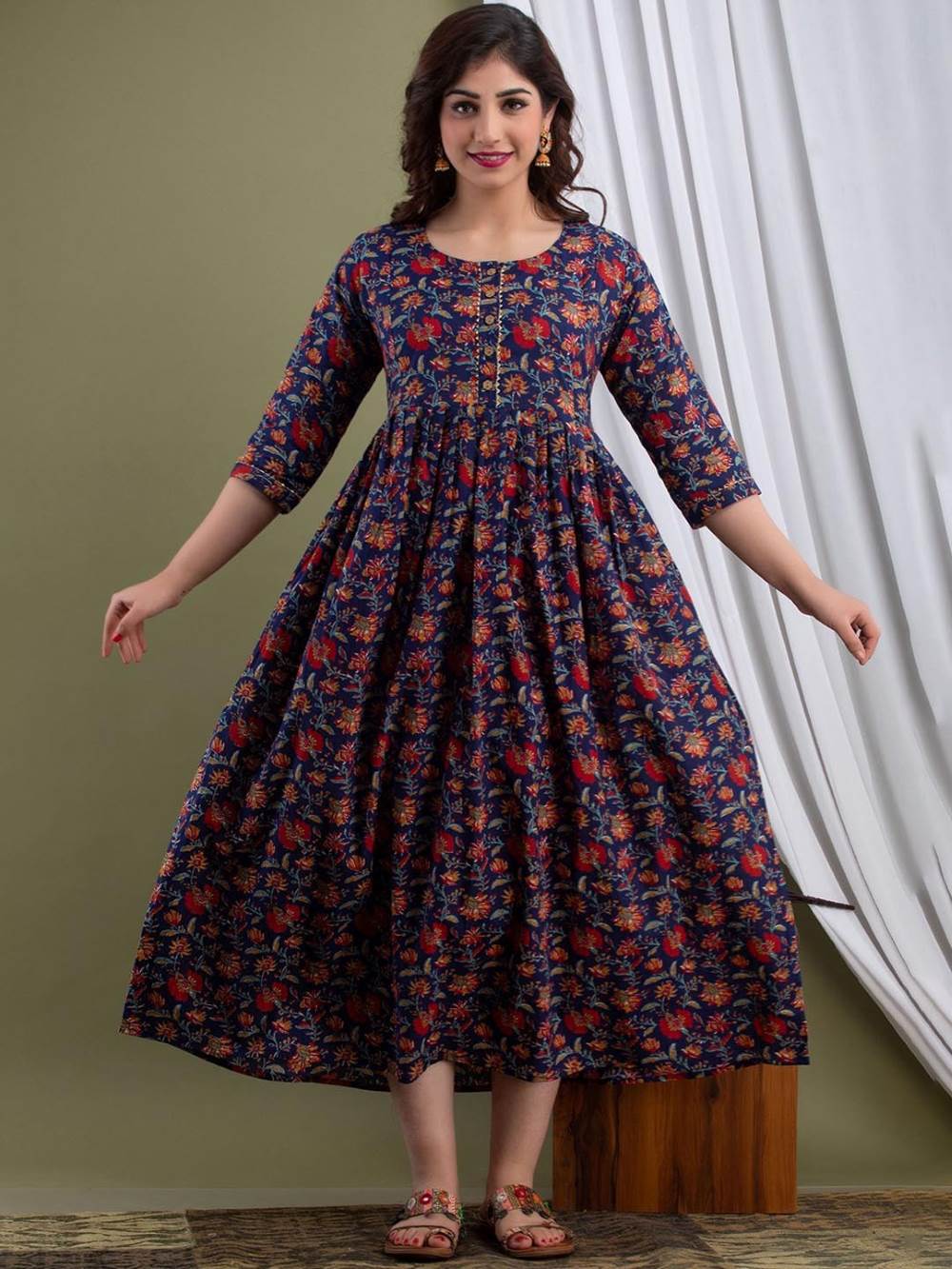 Lavanya Stunning Floral Printed Round Neck Cotton Fit & Flare Maternity Midi Dress