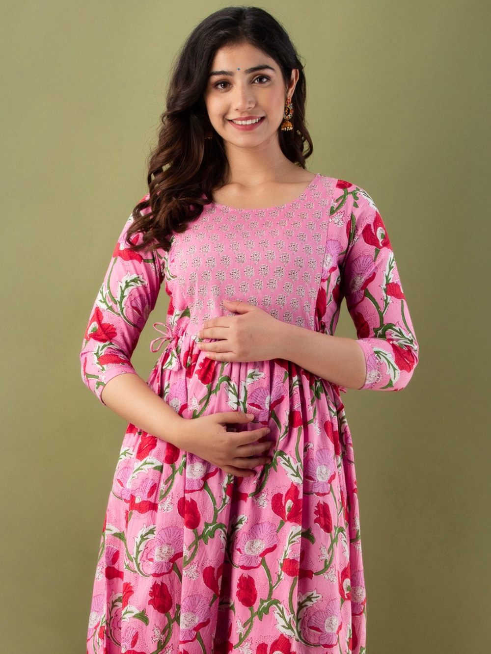 Pahal Stunning Floral Printed Round Neck Cotton Fit & Flare Maternity Midi Dress