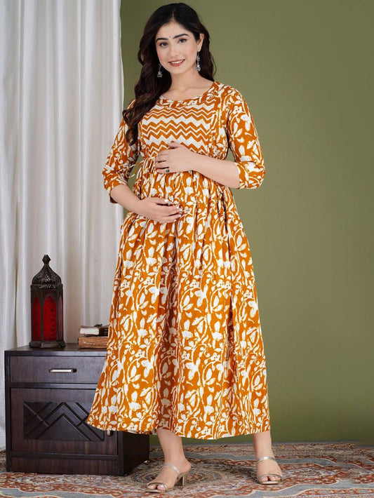 Ikshita Stunning Floral Printed Round Neck Cotton Fit & Flare Maternity Midi Dress