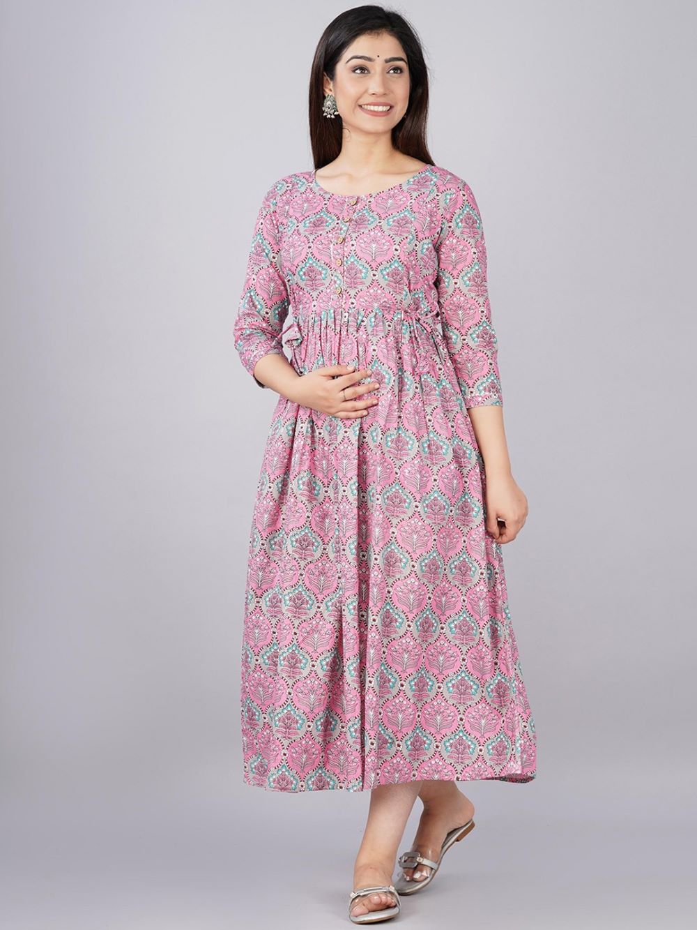 Kashish Stunning Floral Printed Round Neck Cotton Fit & Flare Maternity Midi Dress