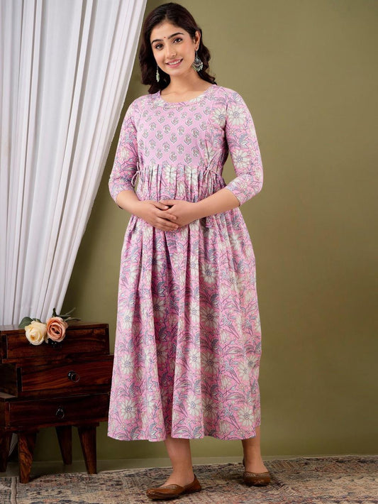 Rachita Stunning Floral Printed Round Neck Cotton Fit & Flare Maternity Midi Dress