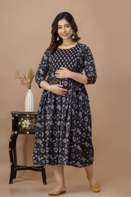 Bhavya Stunning Floral Printed Round Neck Cotton Fit & Flare Maternity Midi Dress