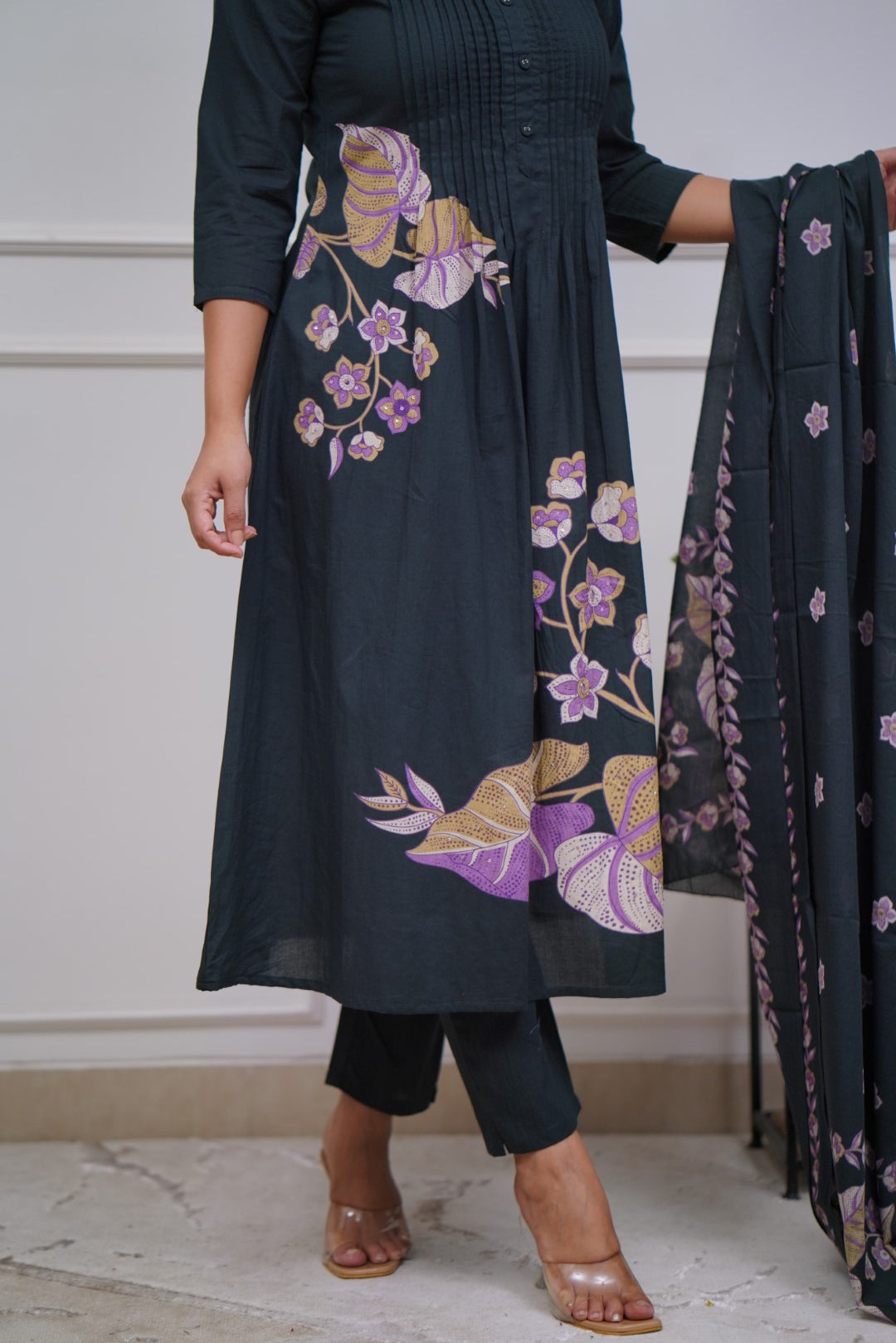 Aisha Floral Printed Design Work Mulmul Cotton Silk Kurta with Trousers & Dupatta Kurtisthan