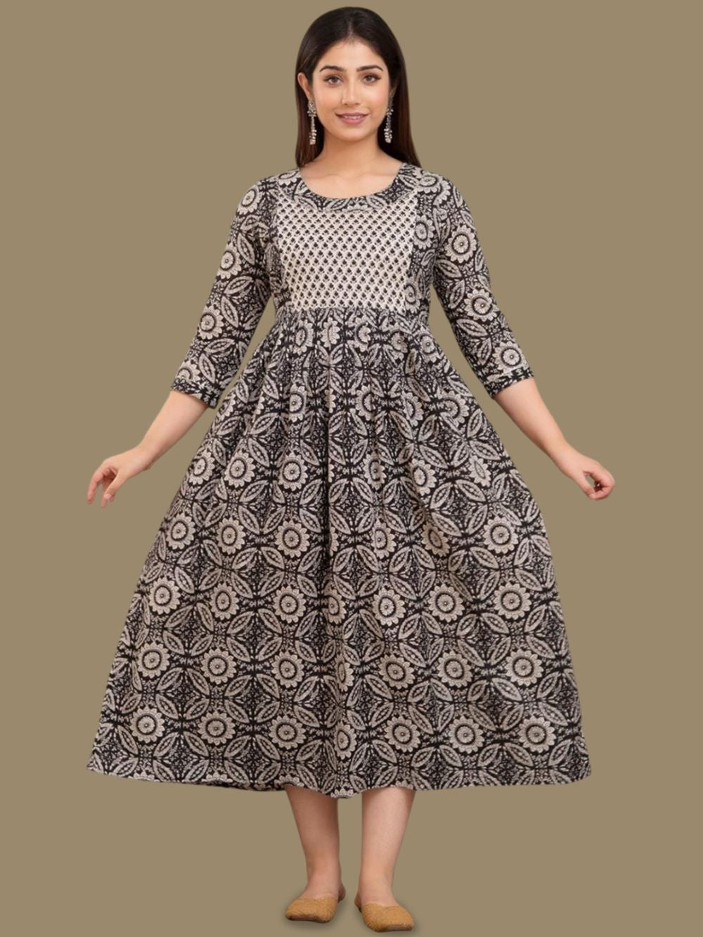 Rajeshri Stunning Floral Printed Round Neck Cotton Fit & Flare Maternity Midi Dress