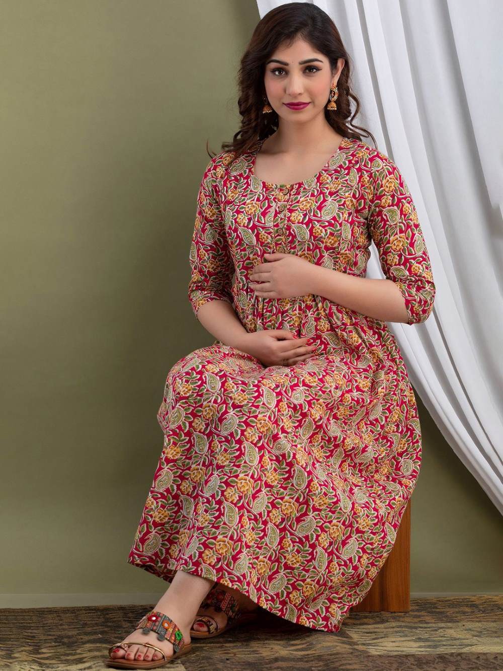 Damyanti Stunning Floral Printed Round Neck Cotton Fit & Flare Maternity Midi Dress