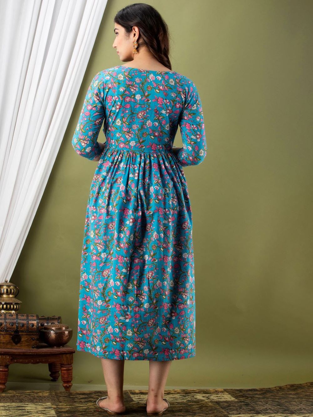 Pushti Stunning Floral Printed Round Neck Cotton Fit & Flare Maternity Midi Dress