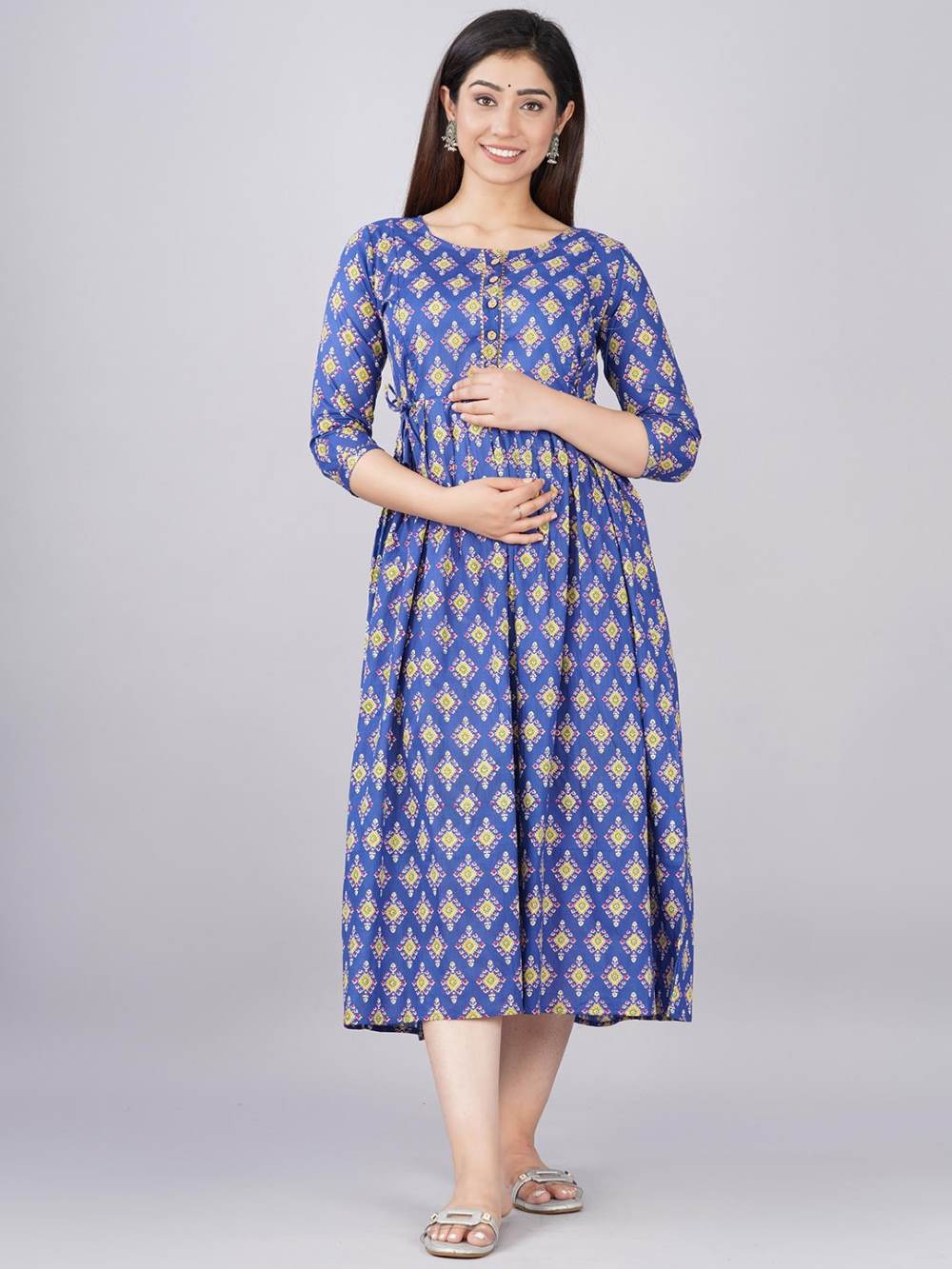 Kashvi Stunning Floral Printed Round Neck Cotton Fit & Flare Maternity Midi Dress