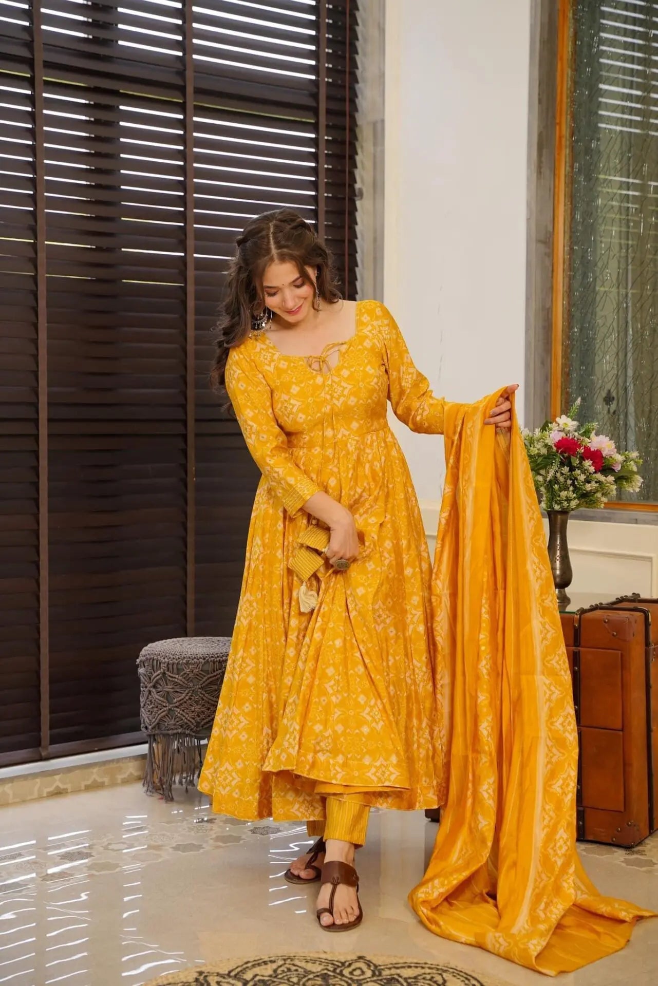 Takshvi Yellow Printed Flared Cotton Anarkali Suit Set With Side Dori Tasselsv, Pant & Dupatta Kurtisthan