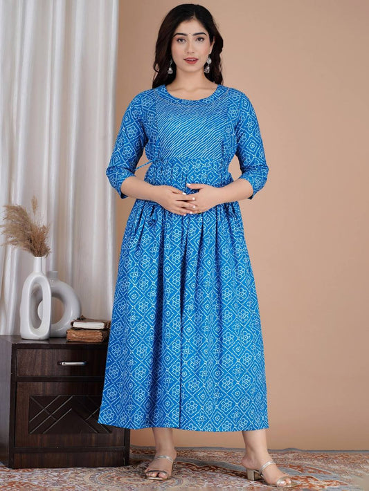 Oviya Stunning Floral Printed Round Neck Cotton Fit & Flare Maternity Midi Dress