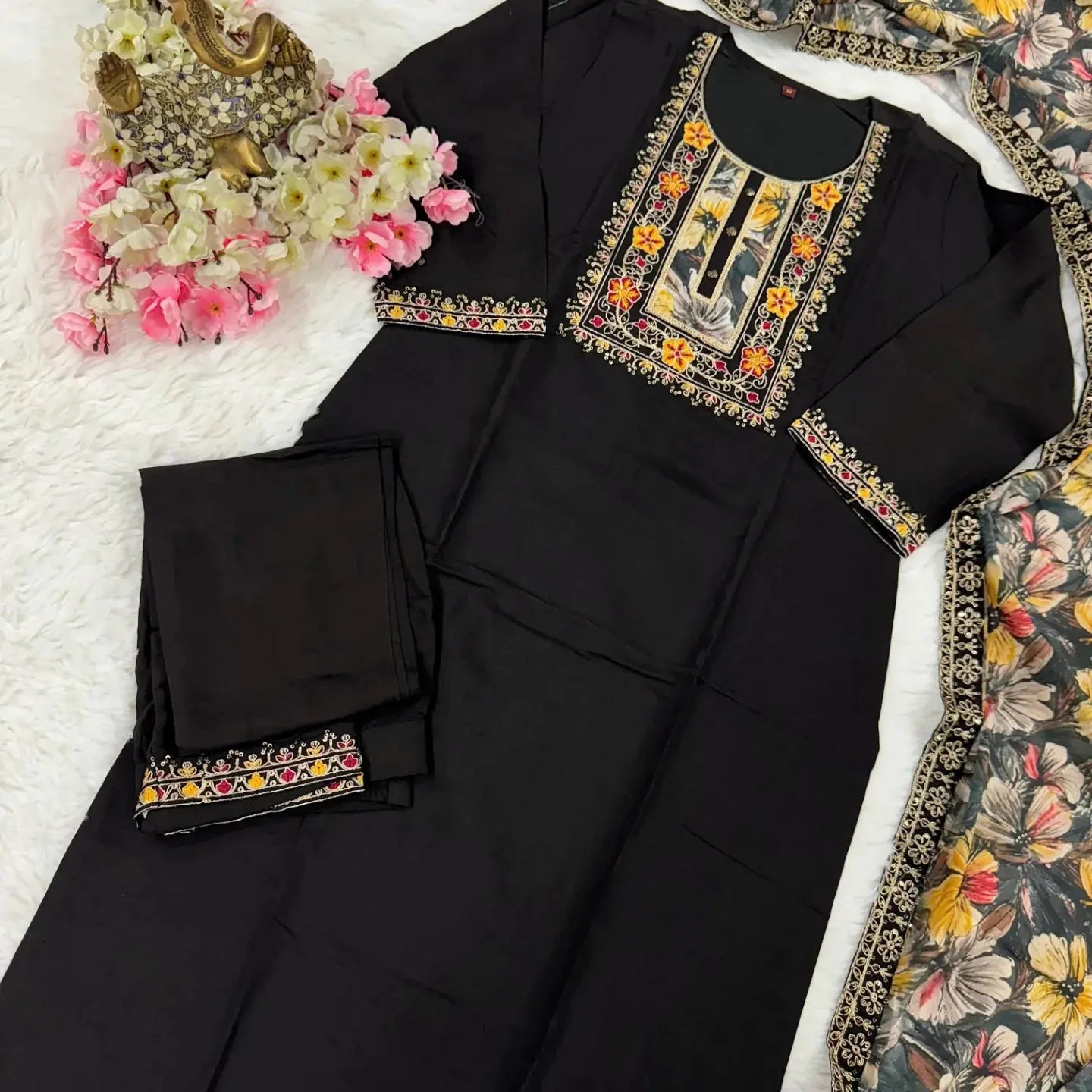 Rangrekha Floral Yoke Design Thread Work Chanderi Silk Kurta with Trousers & Dupatta Kurtisthan