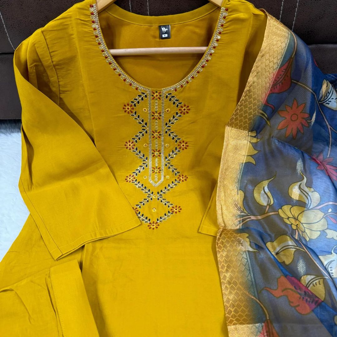 Parineeti Ethnic Embroidered Thread Work Designer Viscose Chanderi Suit With Dupatta Kurtisthan