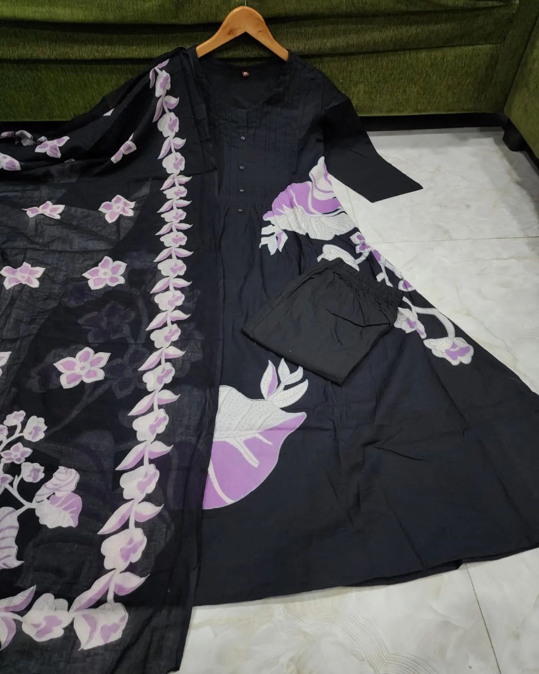 Aisha Floral Printed Design Work Mulmul Cotton Silk Kurta with Trousers & Dupatta Kurtisthan