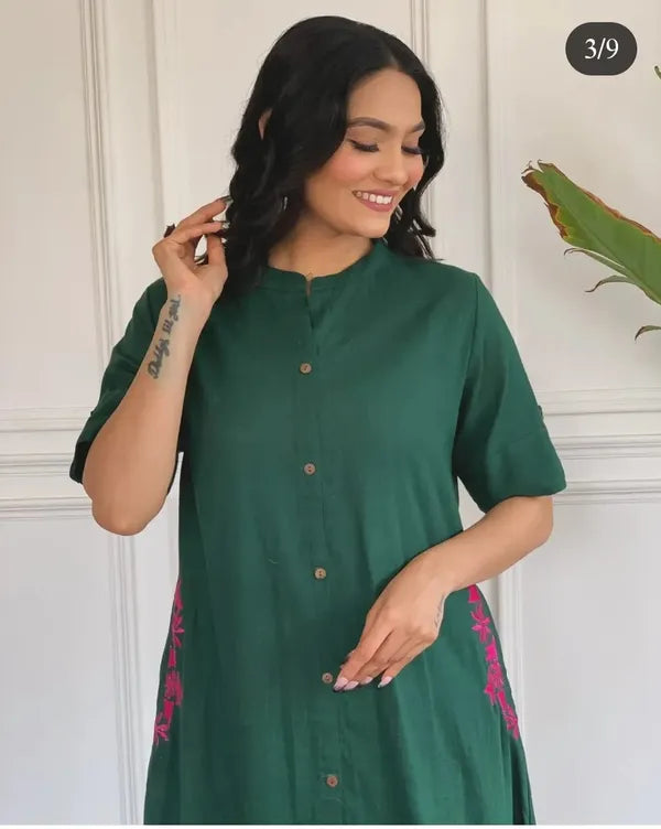 Pranita Dark Green Floral Embroidered South Cotton Kurta and Palazzo Set with two Side Pocket Kurtisthan