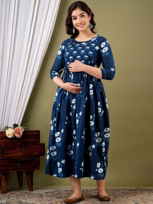 Mitali Stunning Floral Printed Round Neck Cotton Fit & Flare Maternity Midi Dress