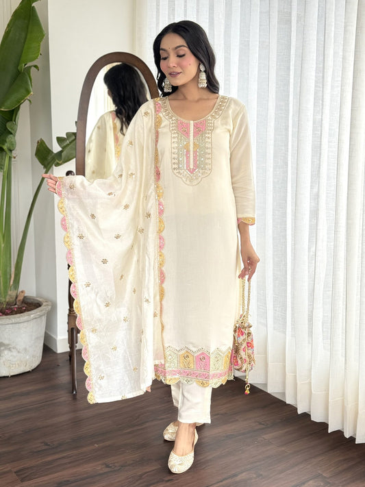 Suhaani Ethnic Motifs Embroidered Floral Yoke Design Sequinned Straight Kurta with Trousers & Dupatta Kurtisthan