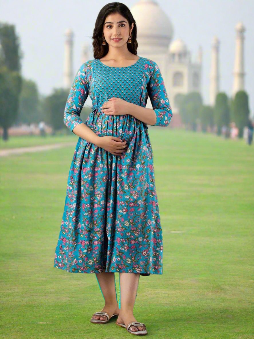 Pushti Stunning Floral Printed Round Neck Cotton Fit & Flare Maternity Midi Dress