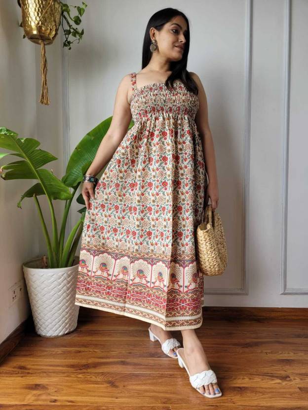 Vikriti Red Floral Indian Hand Block Printed Cotton Dress for Wedding and Festivals Kurtisthan