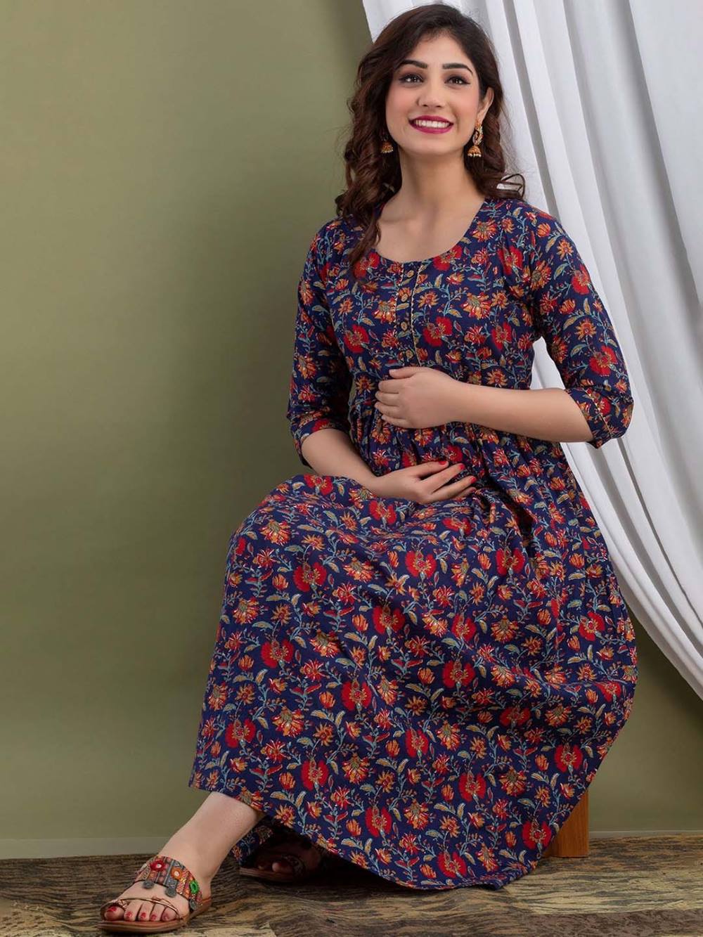 Lavanya Stunning Floral Printed Round Neck Cotton Fit & Flare Maternity Midi Dress