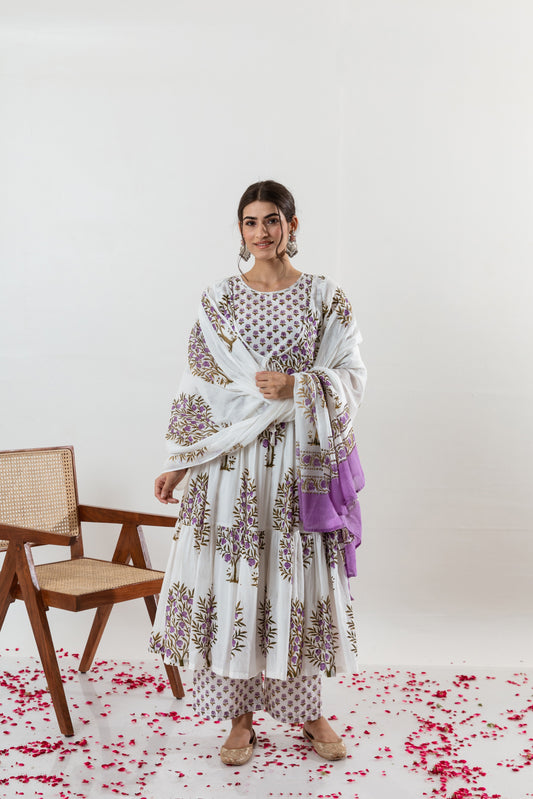 Laveena Floral Printed Design Cotton Pakistani Off White Suit Set with Pant and Dupatta Kurtisthan