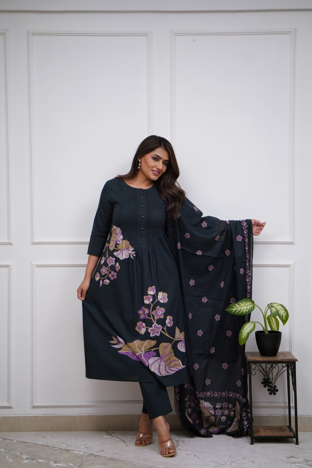 Aisha Floral Printed Design Work Mulmul Cotton Silk Kurta with Trousers & Dupatta Kurtisthan