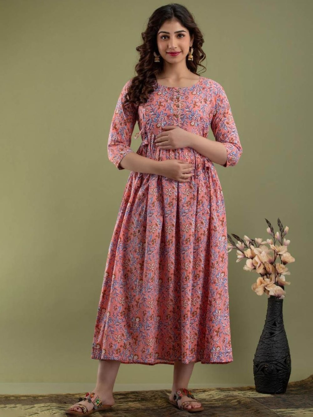 Prisha Stunning Floral Printed Round Neck Cotton Fit & Flare Maternity Midi Dress