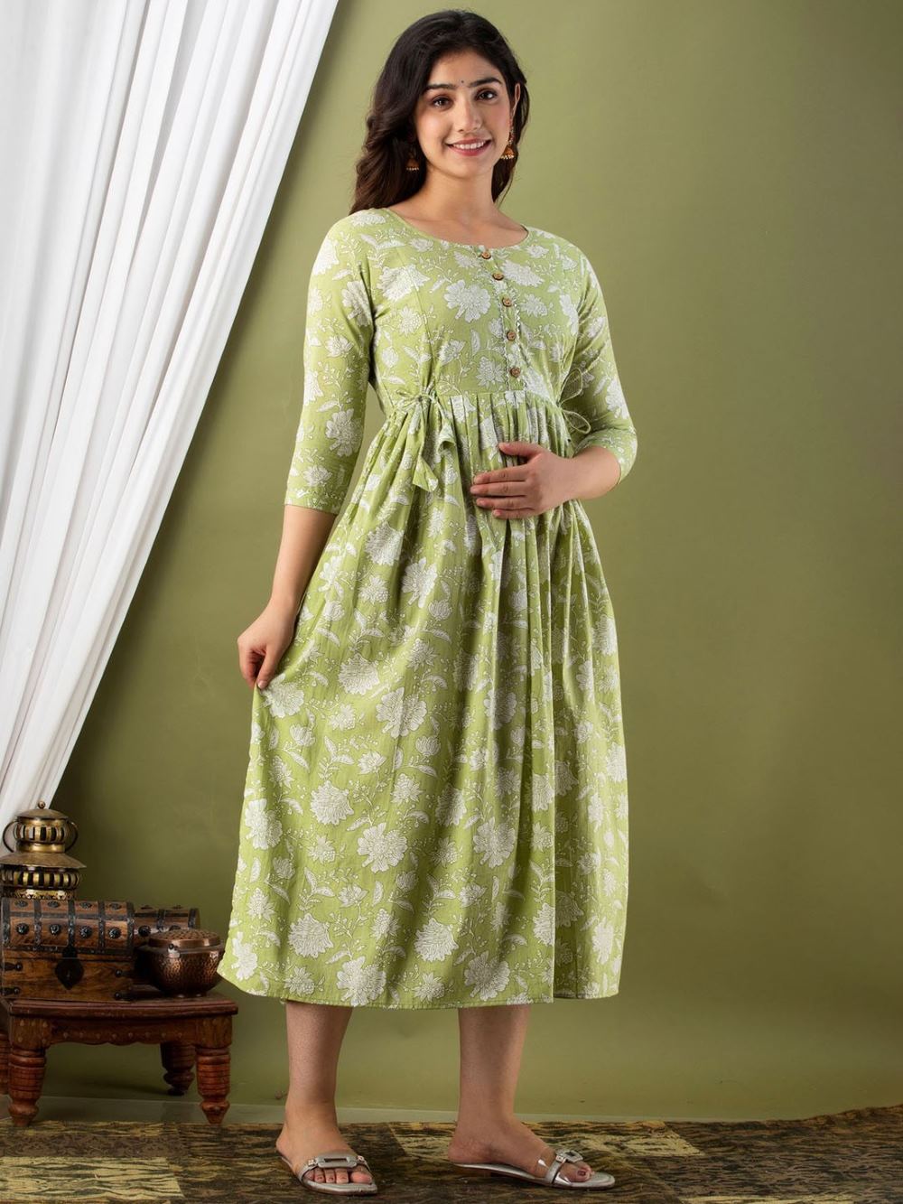 Hamsini Stunning Floral Printed Round Neck Cotton Fit & Flare Maternity Midi Dress