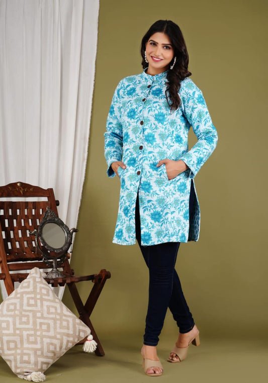 Reversible Cotton Printed Quilted Sky Blue Jacket for Women & Girls