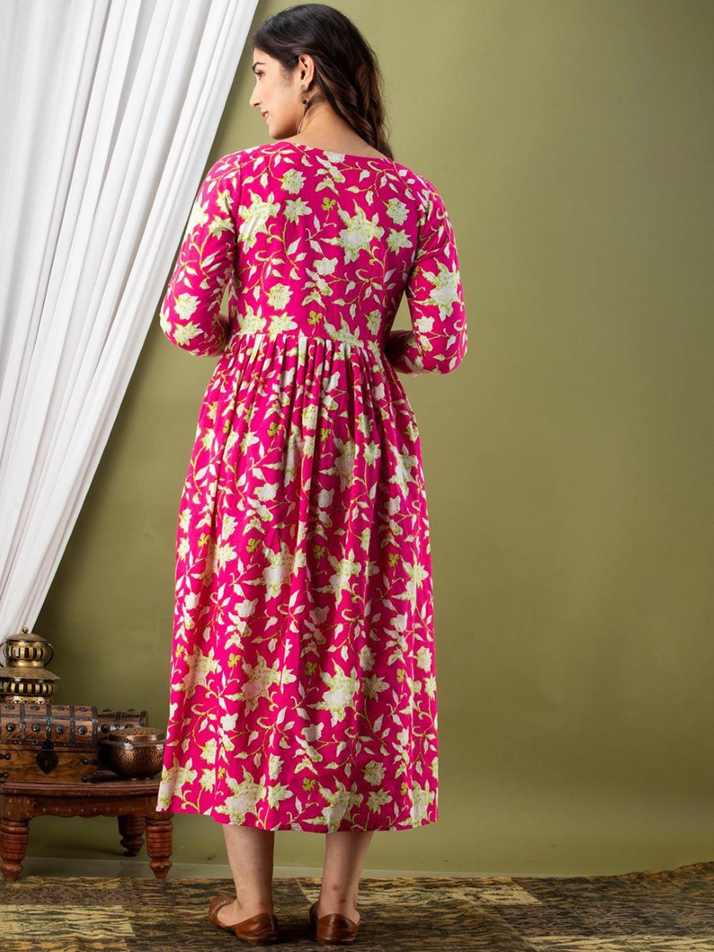 Charvi Stunning Floral Printed Round Neck Cotton Fit & Flare Maternity Midi Dress