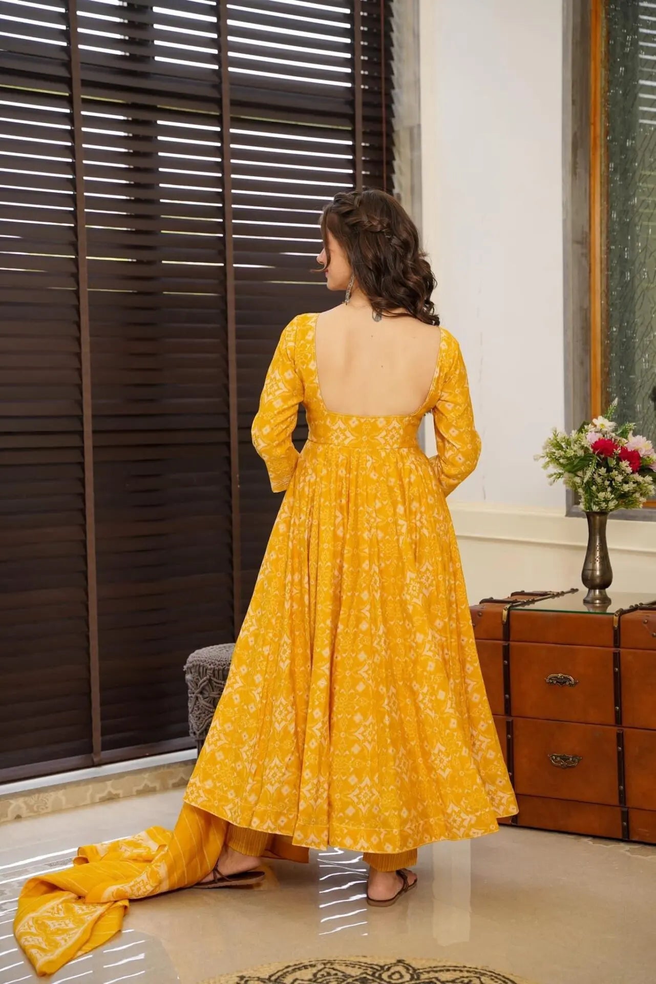 Takshvi Yellow Printed Flared Cotton Anarkali Suit Set With Side Dori Tasselsv, Pant & Dupatta Kurtisthan