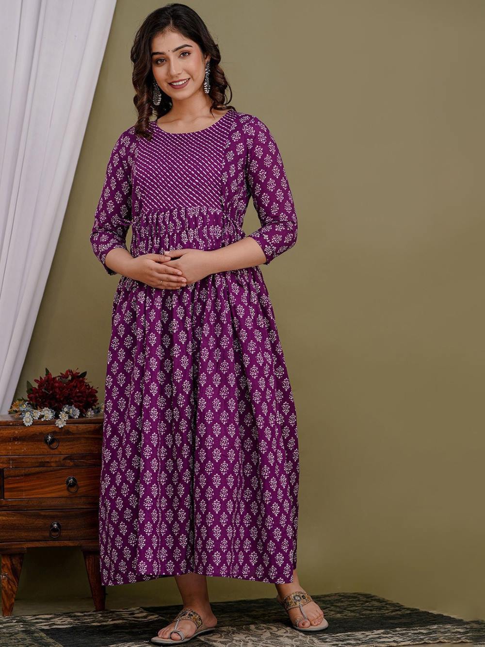 Manya Stunning Floral Printed Round Neck Cotton Fit & Flare Maternity Midi Dress