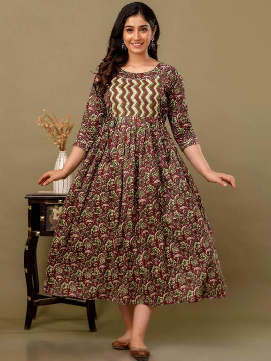 Pavani Stunning Floral Printed Round Neck Cotton Fit & Flare Maternity Midi Dress