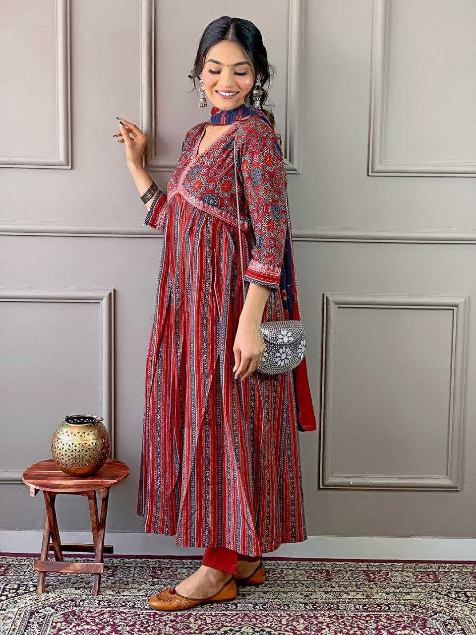 Veenisha Embroidered Work Designer Cotton Anarkali Suit Set With Matching Pant & Dupatta Kurtisthan