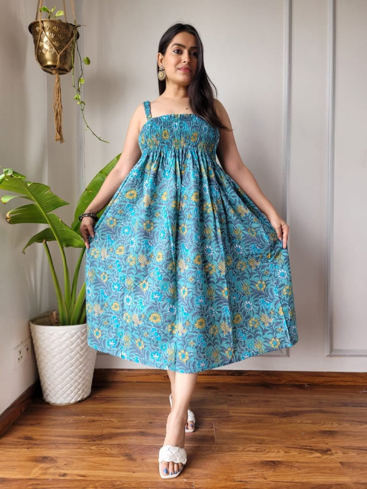 Kritika Wine Blue Floral Indian Hand Block Printed Cotton Dress for Wedding and Festivals Kurtisthan