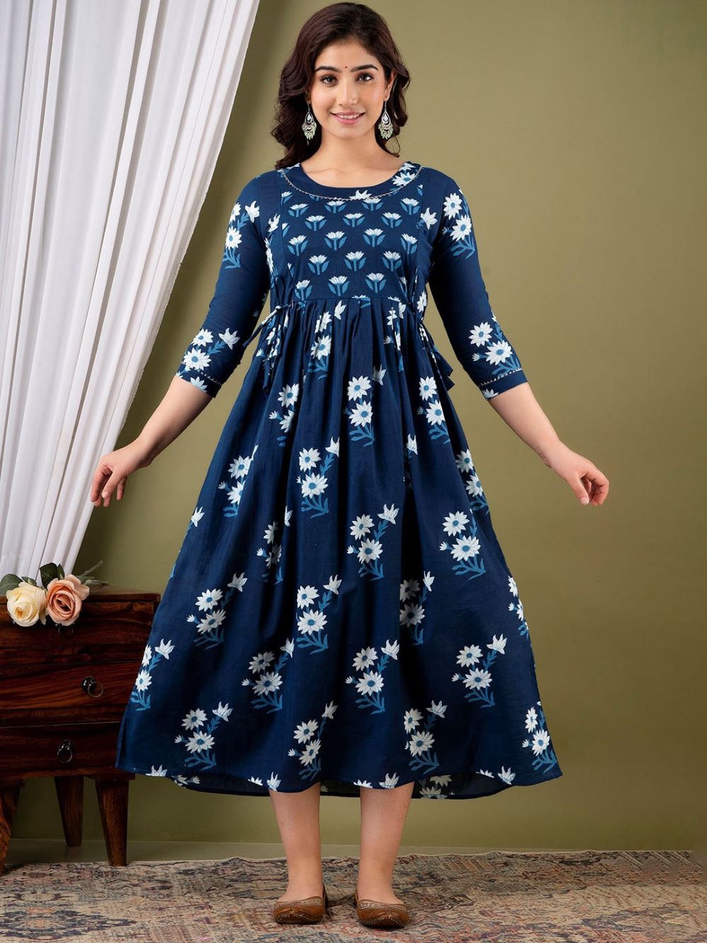 Mitali Stunning Floral Printed Round Neck Cotton Fit & Flare Maternity Midi Dress