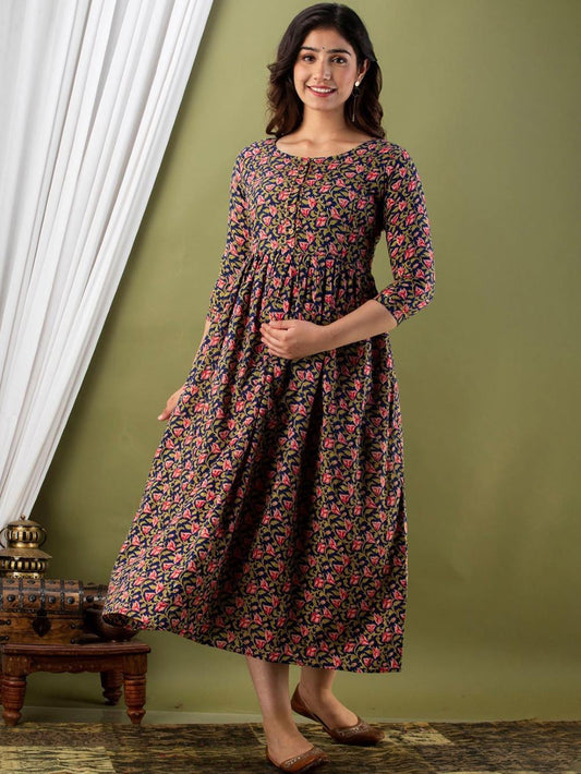 Lajita Stunning Floral Printed Round Neck Cotton Fit & Flare Maternity Midi Dress