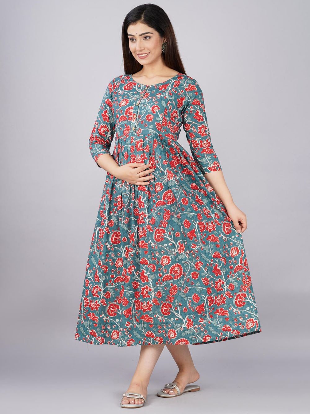 Janya Stunning Floral Printed Round Neck Cotton Fit & Flare Maternity Midi Dress