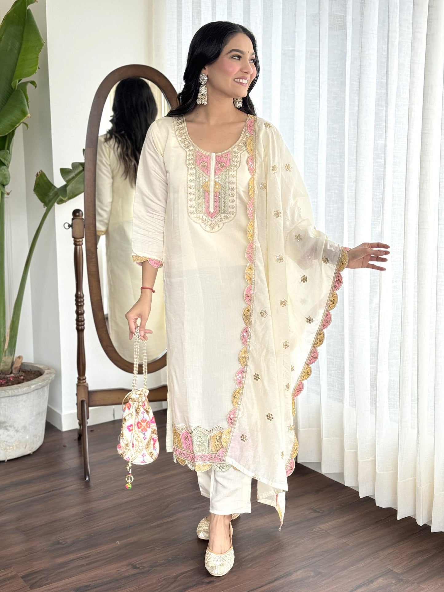 Suhaani Ethnic Motifs Embroidered Floral Yoke Design Sequinned Straight Kurta with Trousers & Dupatta Kurtisthan