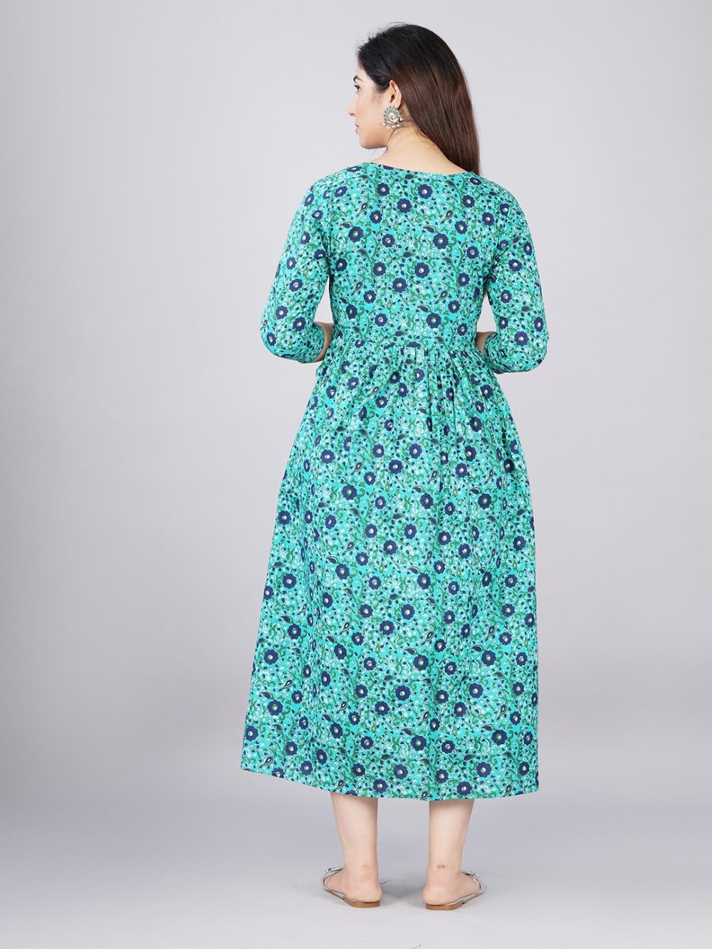 Omisha Stunning Floral Printed Round Neck Cotton Fit & Flare Maternity Midi Dress