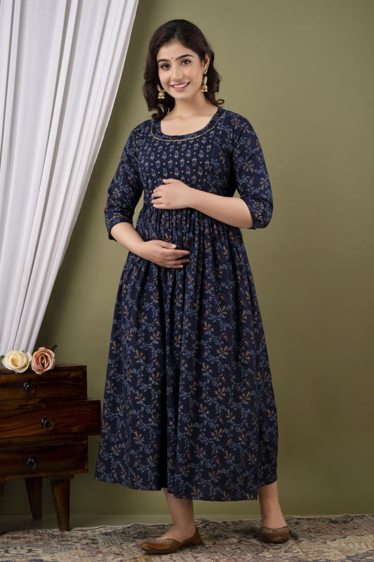 Gaurika Stunning Floral Printed Round Neck Cotton Fit & Flare Maternity Midi Dress