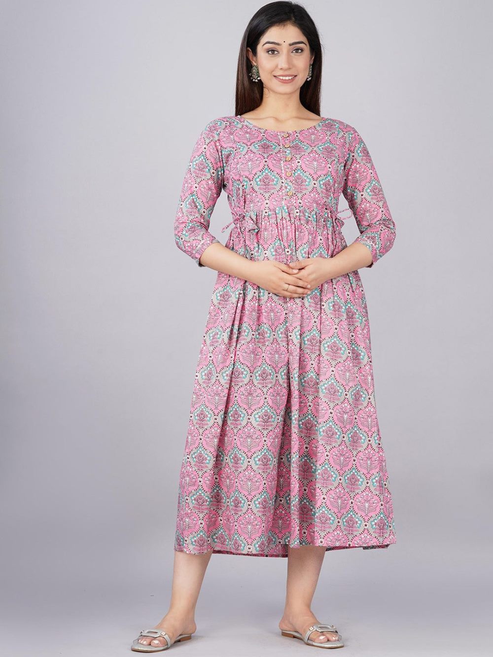 Kashish Stunning Floral Printed Round Neck Cotton Fit & Flare Maternity Midi Dress