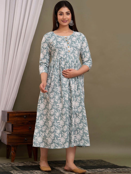 Harita Stunning Floral Printed Round Neck Cotton Fit & Flare Maternity Midi Dress