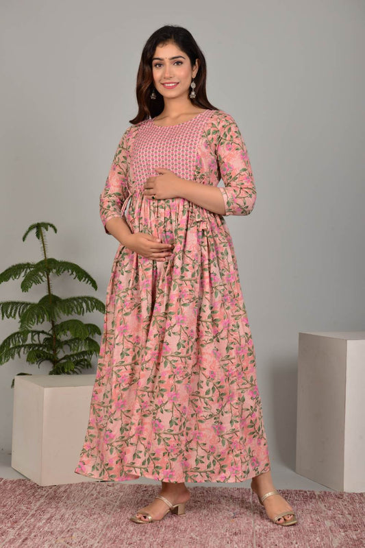 Eiravati Stunning Floral Printed Round Neck Cotton Fit & Flare Maternity Midi Dress