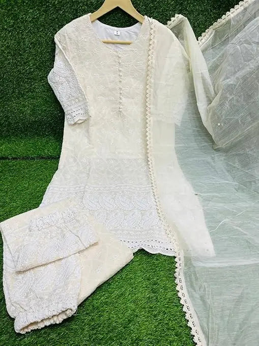 Mannat Embroidered Chikankari Straight Cotton Cream Kurti with Trousers & Dupatta Kurtisthan