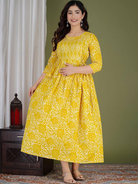 Nimrat Stunning Floral Printed Round Neck Cotton Fit & Flare Maternity Midi Dress