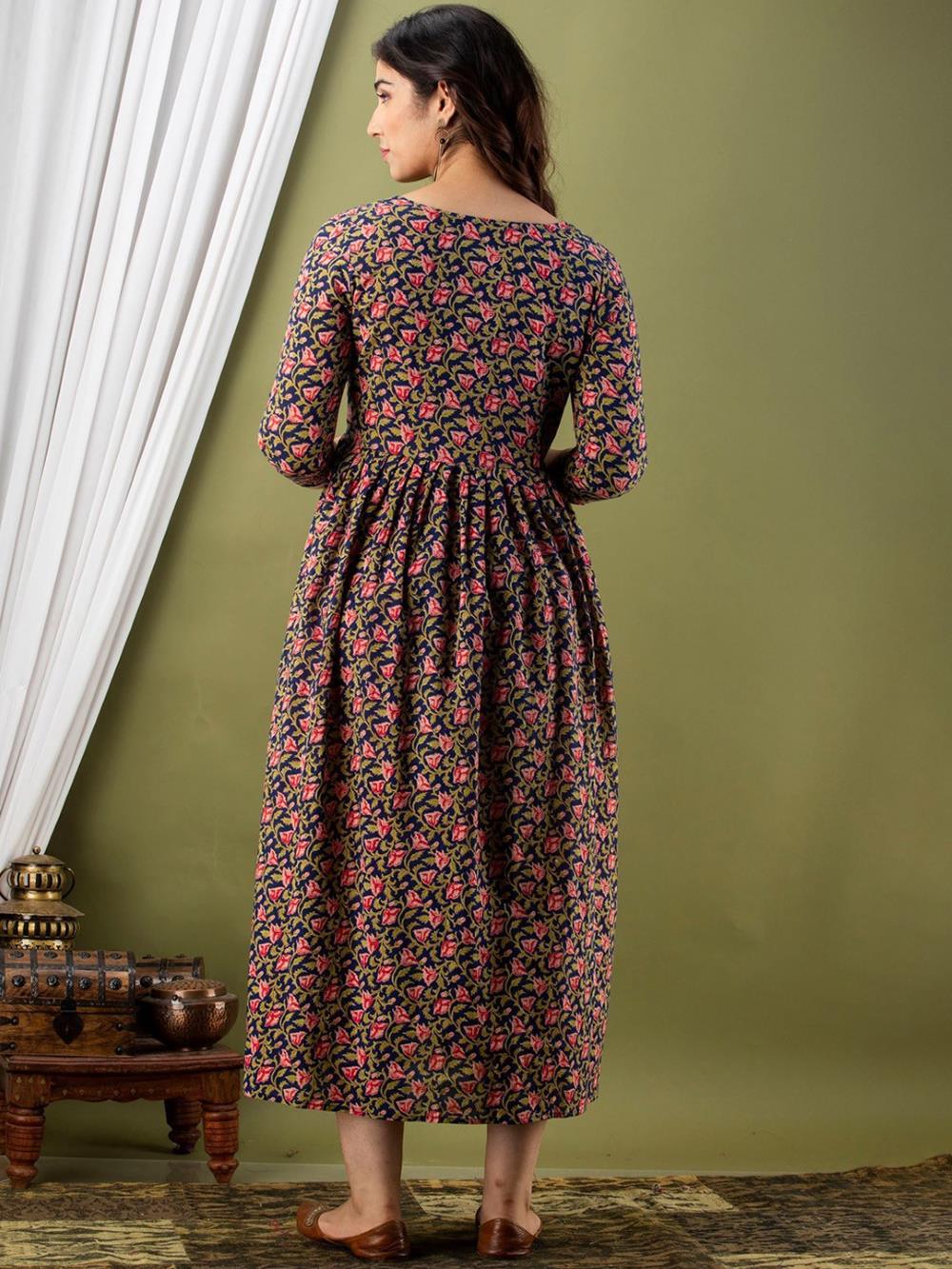 Lajita Stunning Floral Printed Round Neck Cotton Fit & Flare Maternity Midi Dress