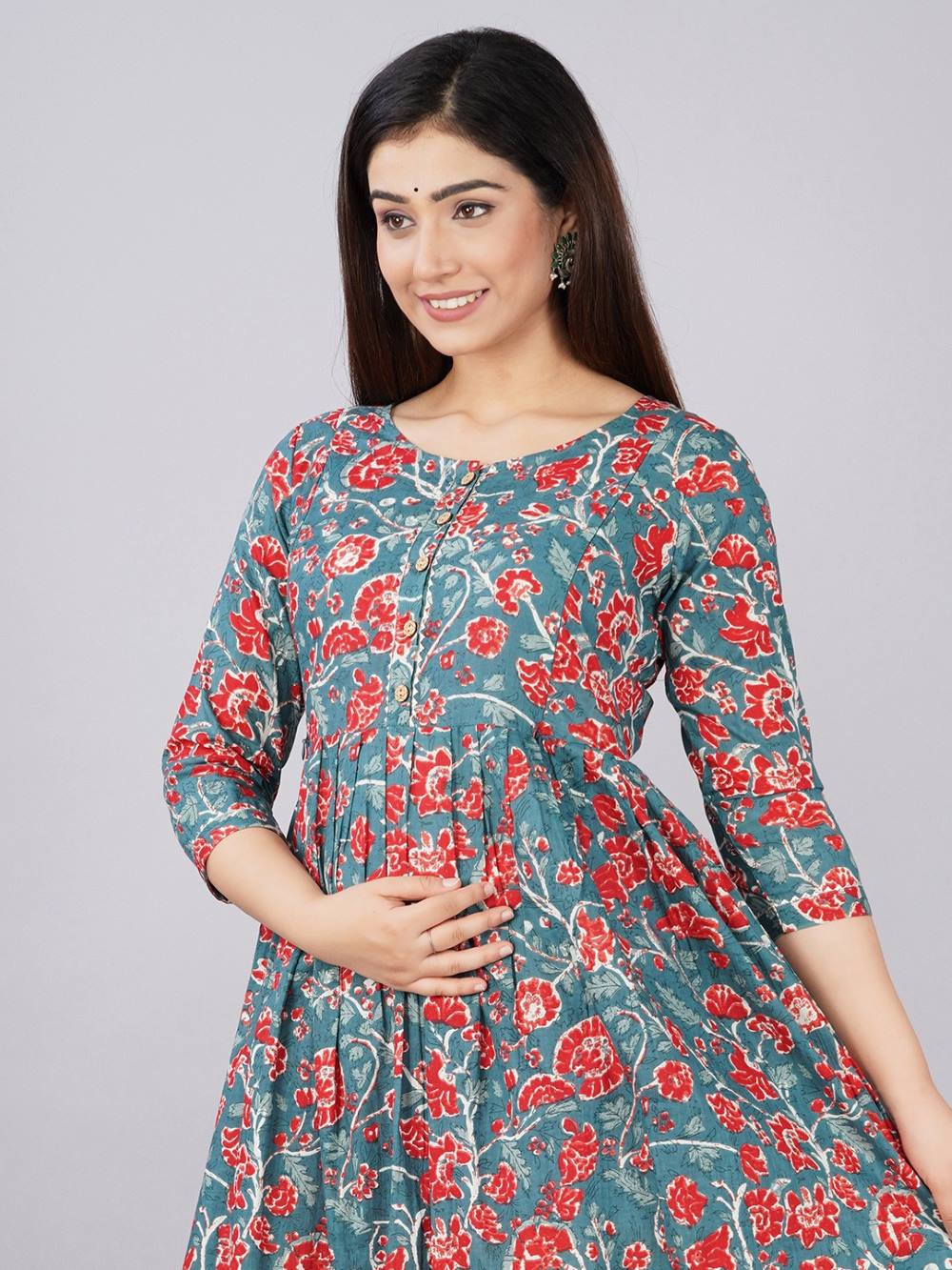 Janya Stunning Floral Printed Round Neck Cotton Fit & Flare Maternity Midi Dress