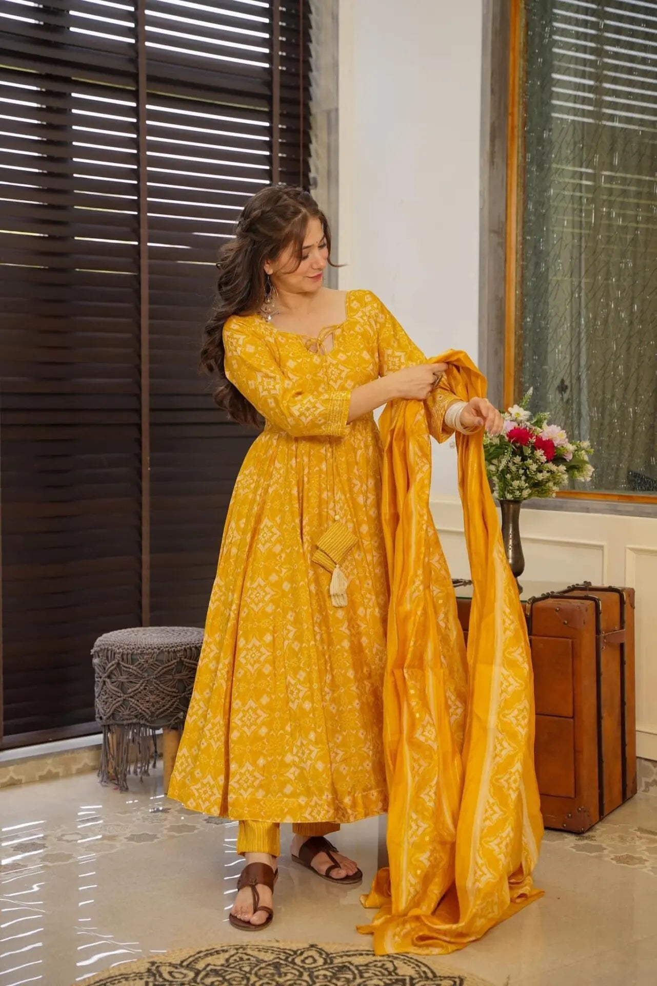 Takshvi Yellow Printed Flared Cotton Anarkali Suit Set With Side Dori Tasselsv, Pant & Dupatta Kurtisthan