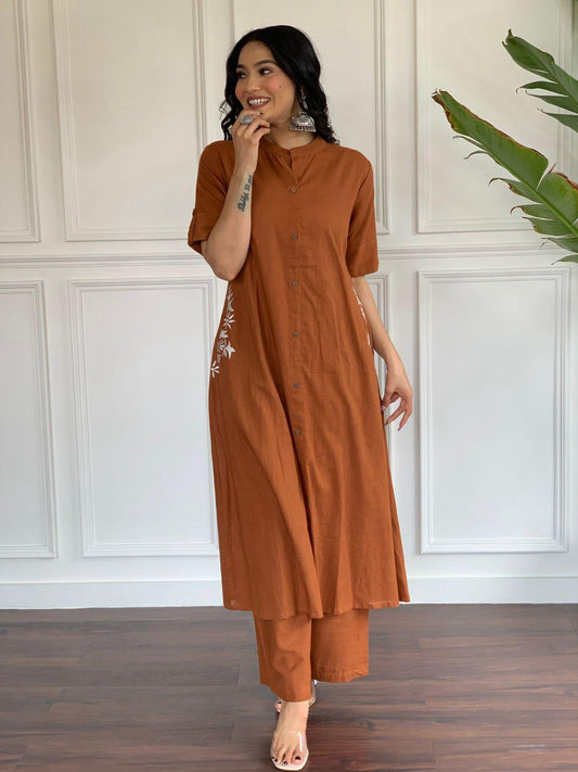 Ankita Brown Floral Embroidered South Cotton Kurta and Palazzo Set with two Side Pocket Kurtisthan